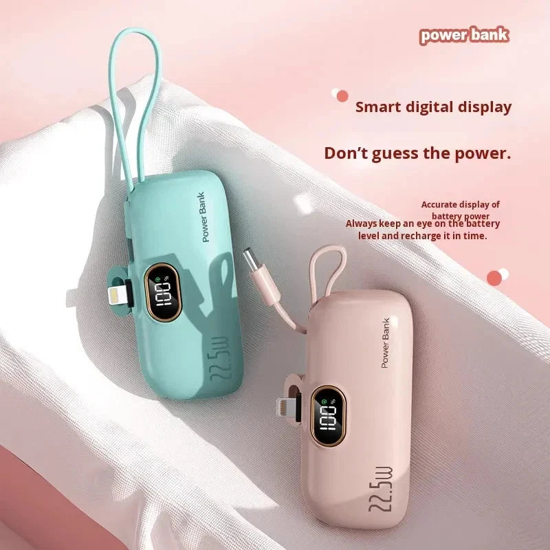 Mini Power Bank 5000mAh Portable Fast Charge 22.5W, 2 In 1 With Led Display
