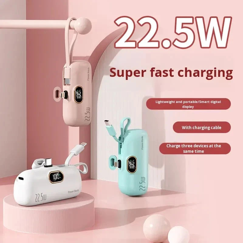 Mini Power Bank 5000mAh Portable Fast Charge 22.5W, 2 In 1 With Led Display