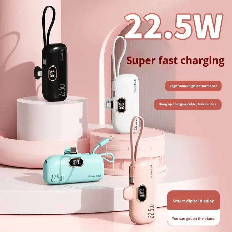 Mini Power Bank 5000mAh Portable Fast Charge 22.5W, 2 In 1 With Led Display