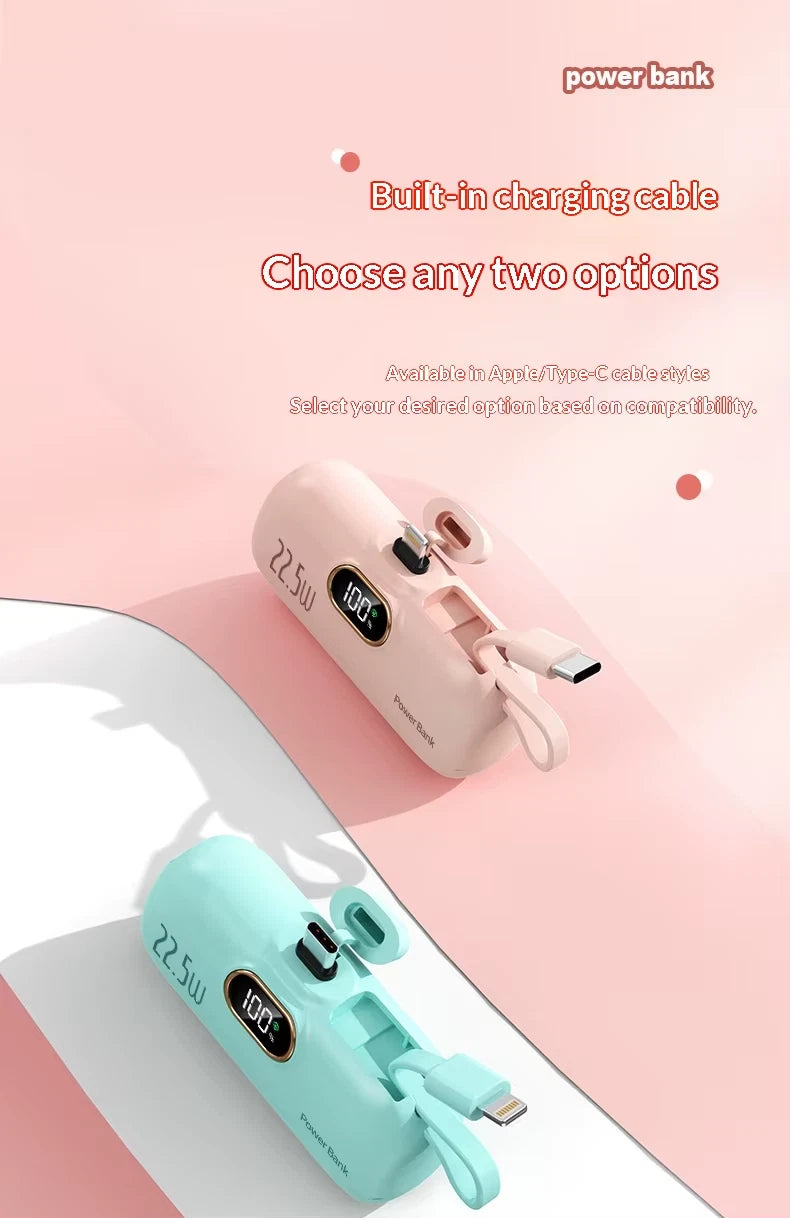 Mini Power Bank 5000mAh Portable Fast Charge 22.5W, 2 In 1 With Led Display