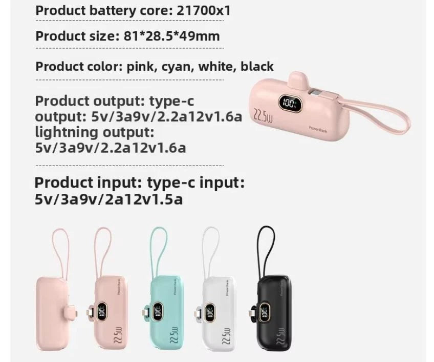 Mini Power Bank 5000mAh Portable Fast Charge 22.5W, 2 In 1 With Led Display