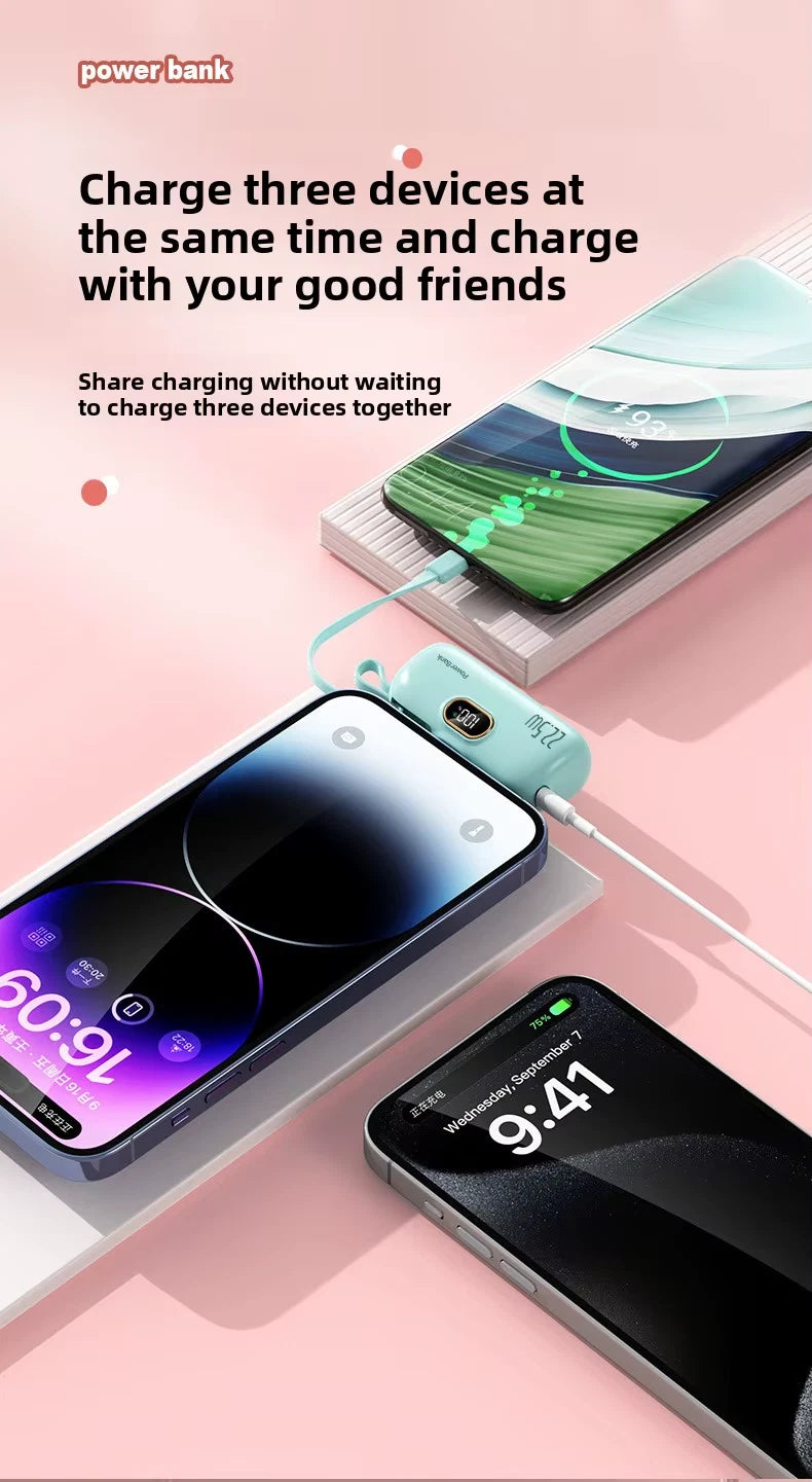 Mini Power Bank 5000mAh Portable Fast Charge 22.5W, 2 In 1 With Led Display