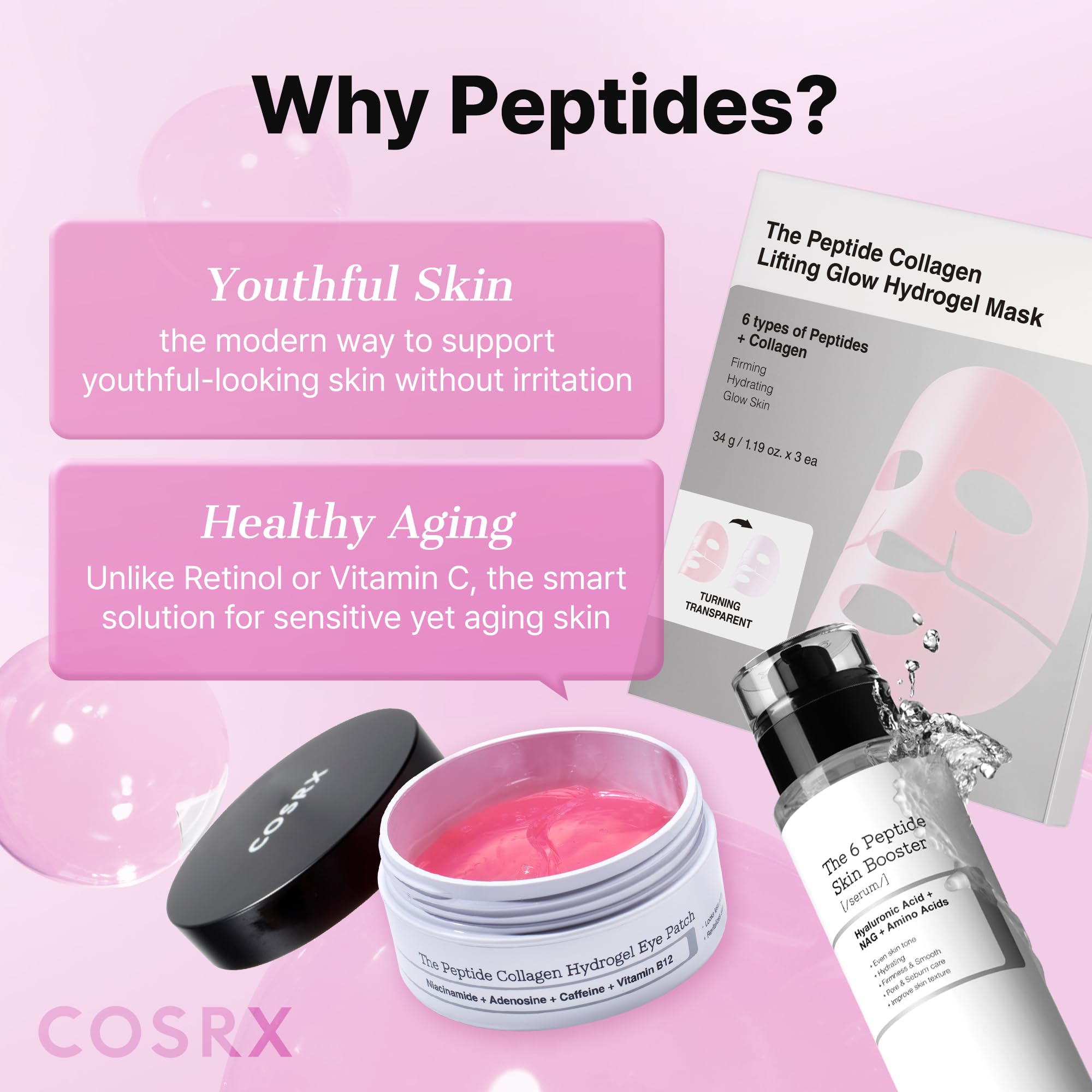 COSRX Pink Peptide Collagen Hydrogel Eye Patches 60pcs - Firming Under Eye Mask for Dark Circles & Puffy Bags
