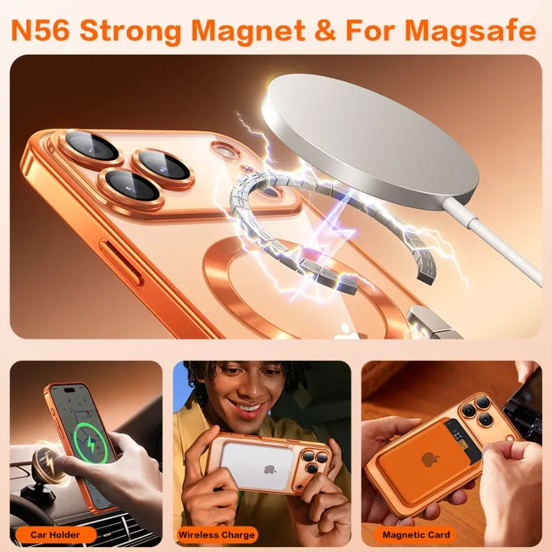 Zyvomart Luxury Orange Plating Magnetic Clear Case with Wireless Charging for iPhone