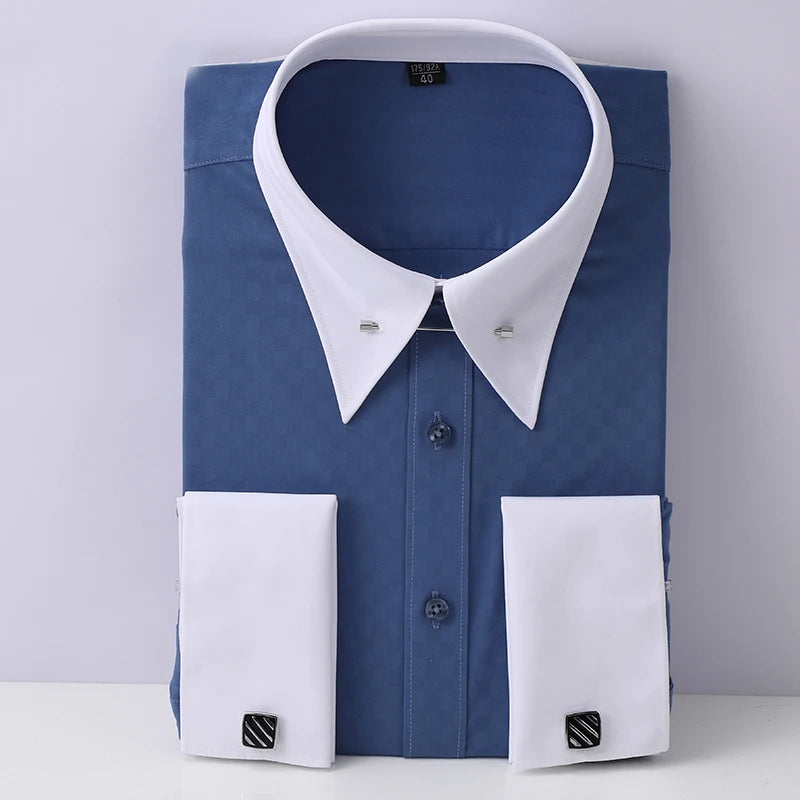 Zyvomart Men's Embroidered French Cufflinks Dress Shirt with Collar Pins