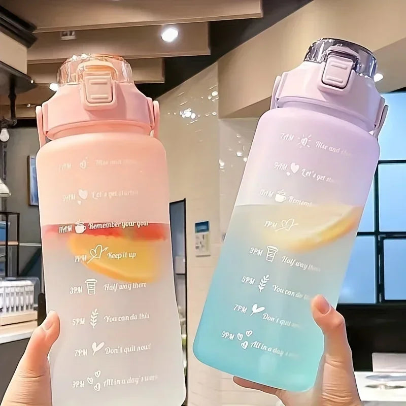 2L Large Capacity Sports Water Bottle with Straw and Time Marker