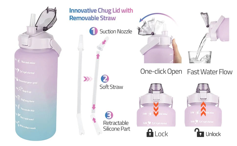 2L Large Capacity Sports Water Bottle with Straw and Time Marker