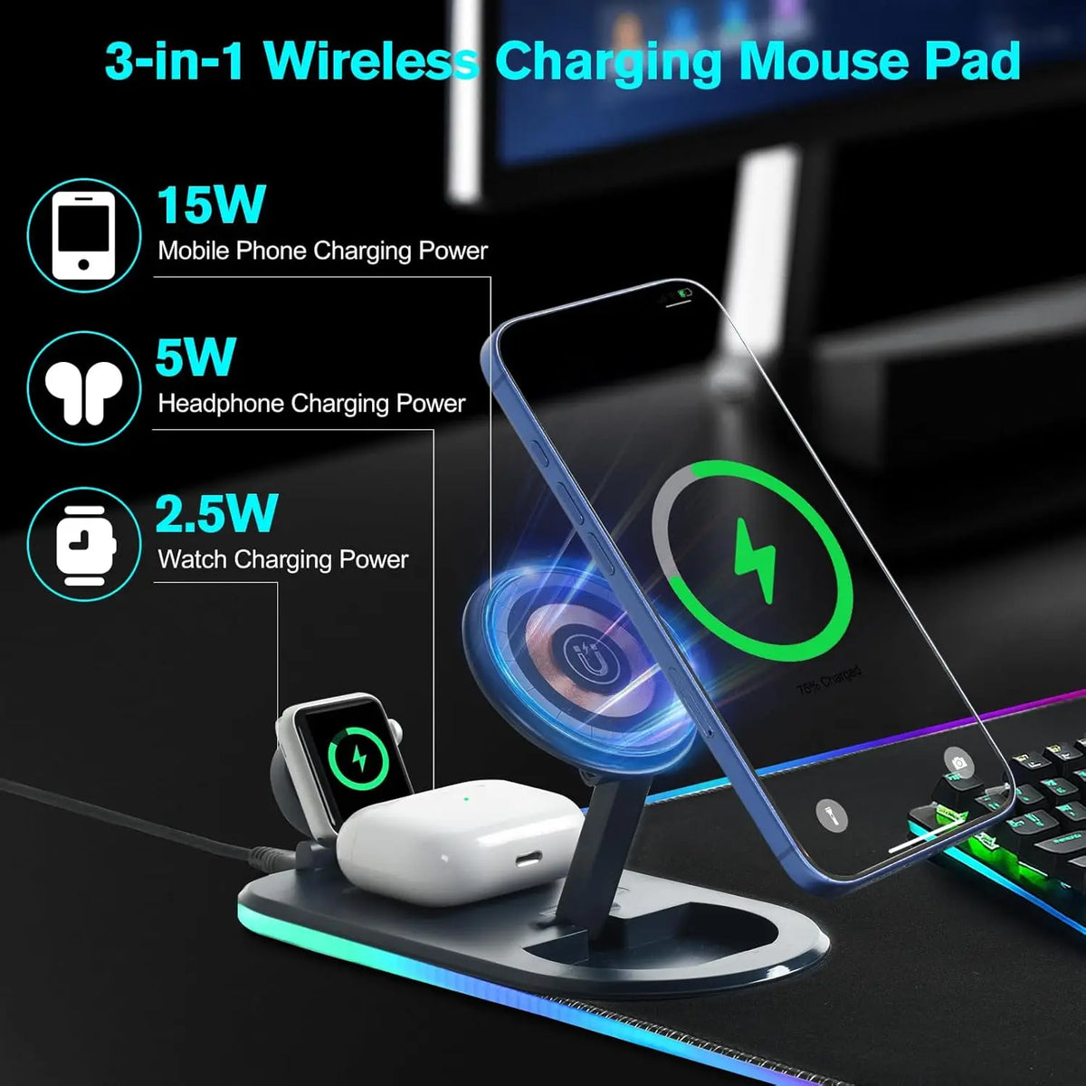 Zyvomart 3 in 1 RGB Gaming Mouse Pad with 15W Fast Wireless Charger Desk Mat