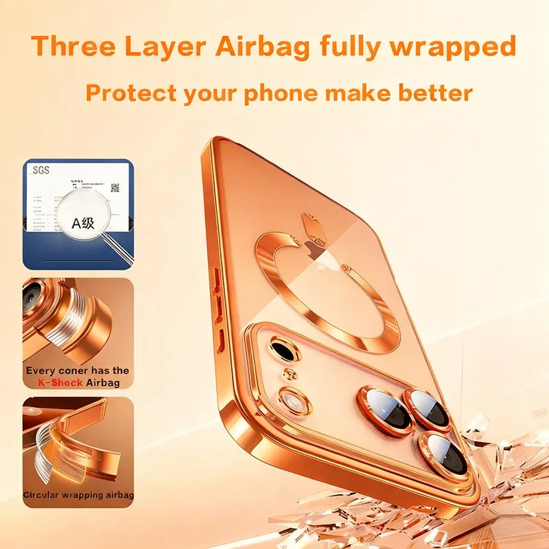 Zyvomart Luxury Orange Plating Magnetic Clear Case with Wireless Charging for iPhone
