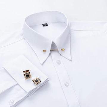 Zyvomart Men's Embroidered French Cufflinks Dress Shirt with Collar Pins