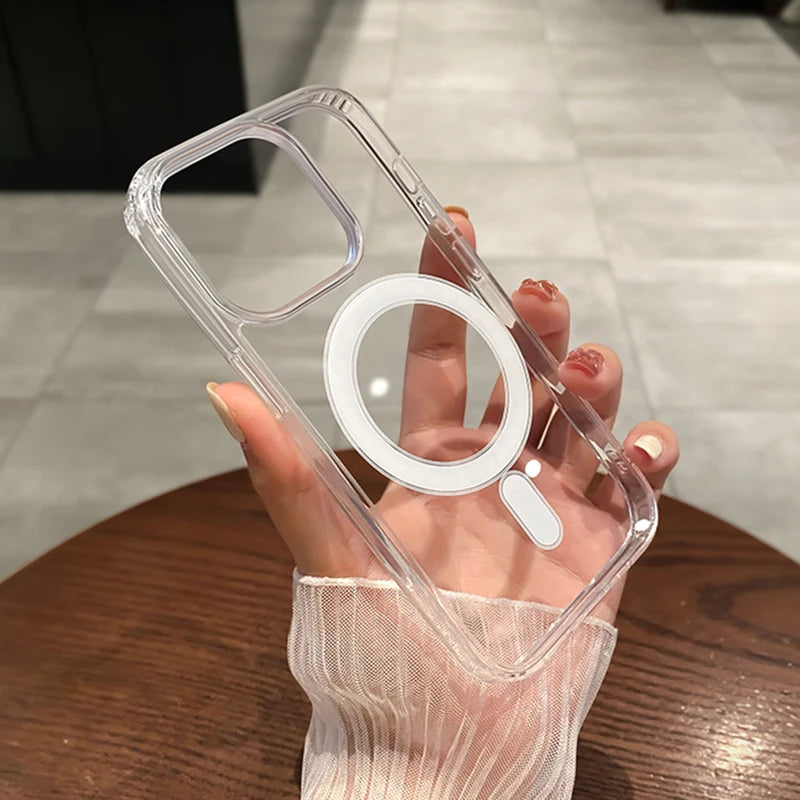 Transparent Magnetic Wireless Charge Case For iPhone 7 8 Xs 11 12 13 14 15 16 17 Pro Max Air Plus Shockproof Phone Cover