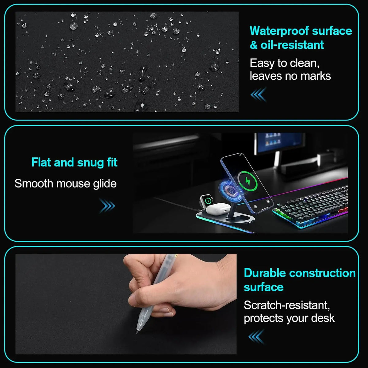 Zyvomart 3 in 1 RGB Gaming Mouse Pad with 15W Fast Wireless Charger Desk Mat