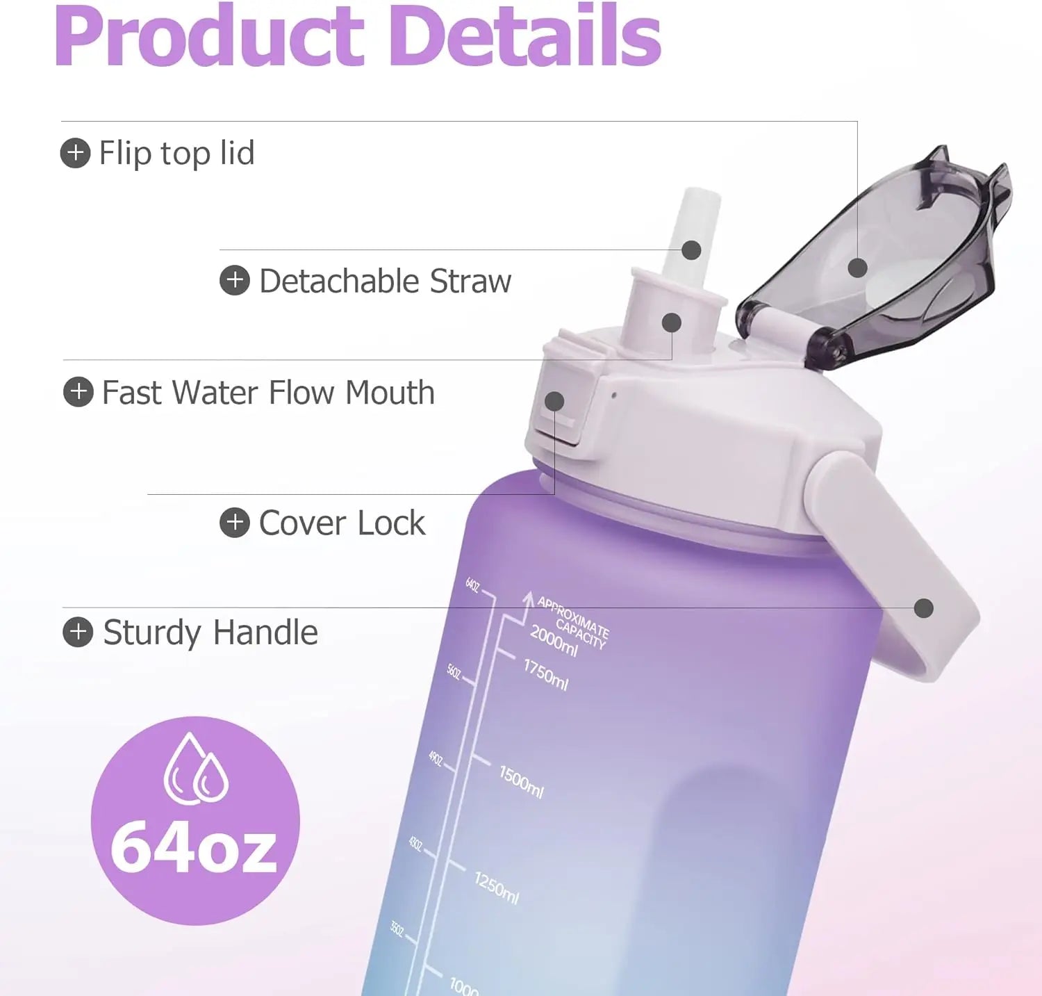 2L Large Capacity Sports Water Bottle with Straw and Time Marker