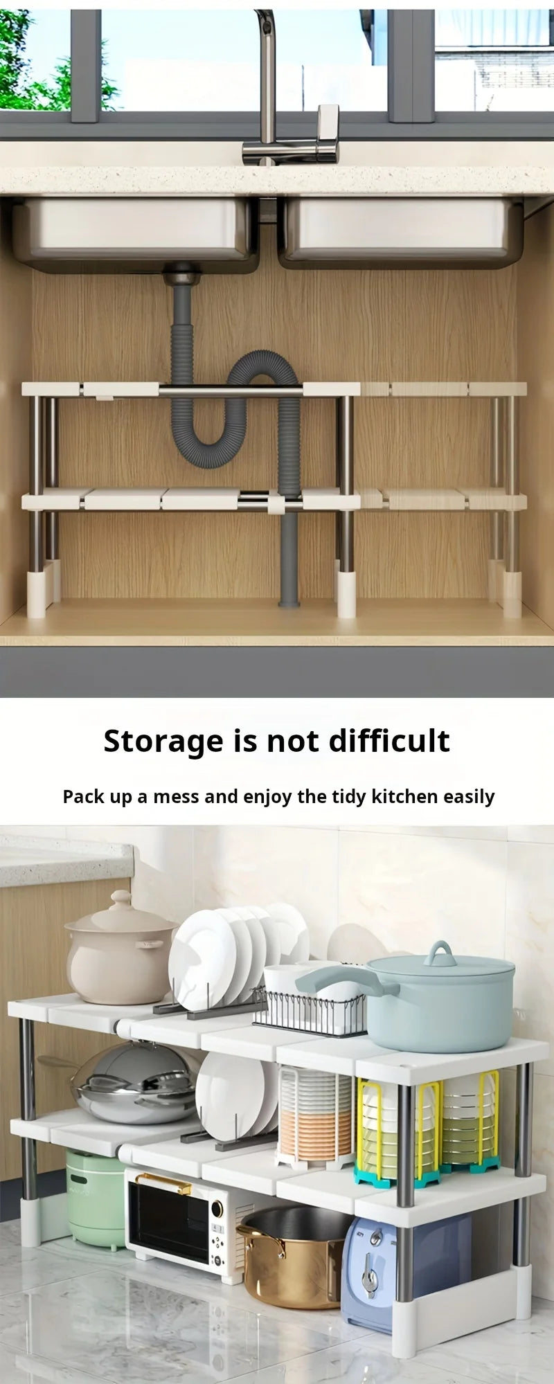 Expandable Under Sink Storage Rack and Kitchen Cabinet Organizer