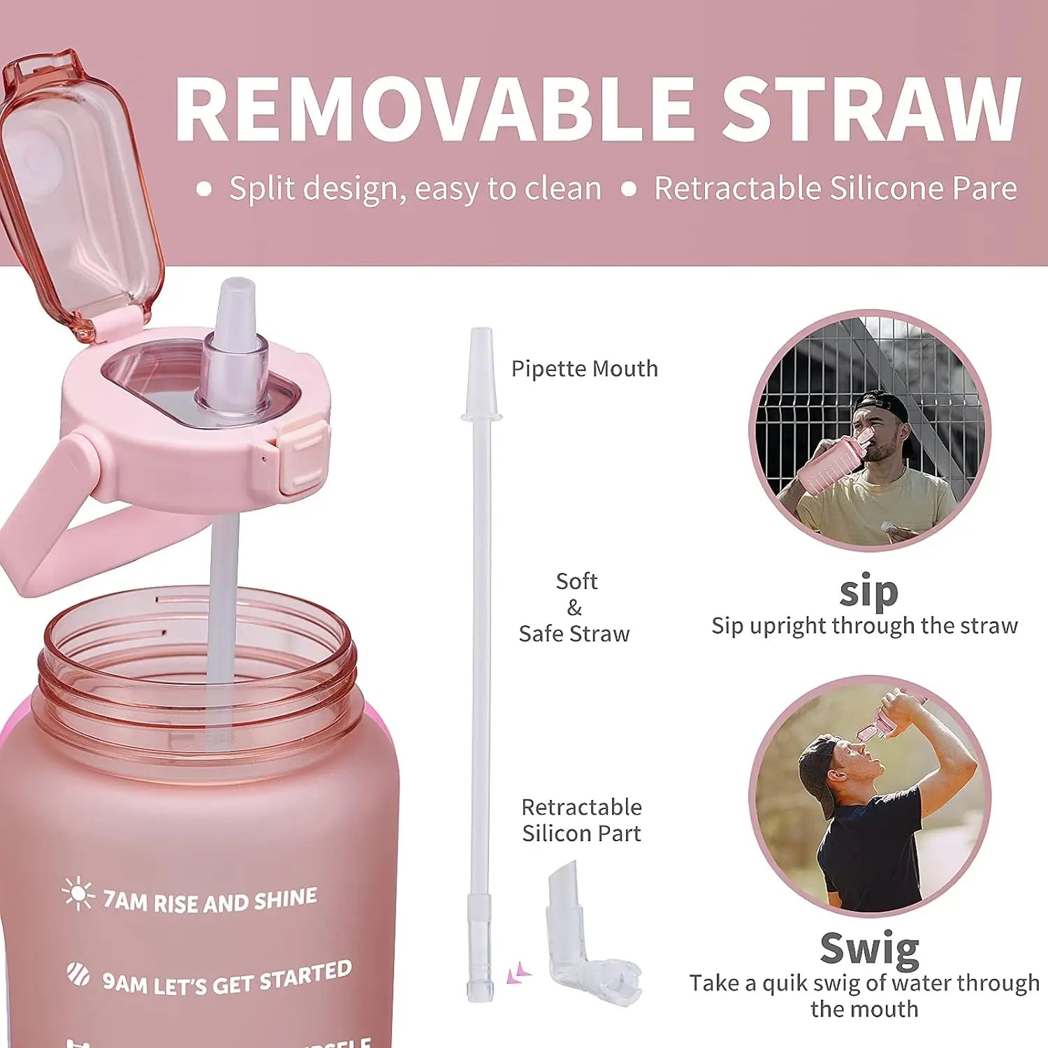 2L Large Capacity Sports Water Bottle with Straw and Time Marker