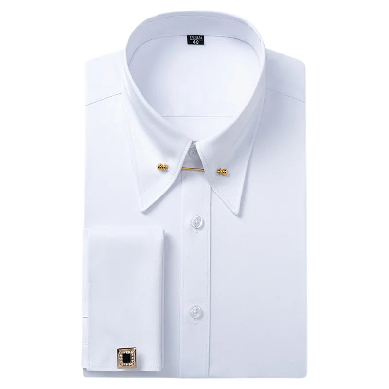 Zyvomart Men's Embroidered French Cufflinks Dress Shirt with Collar Pins