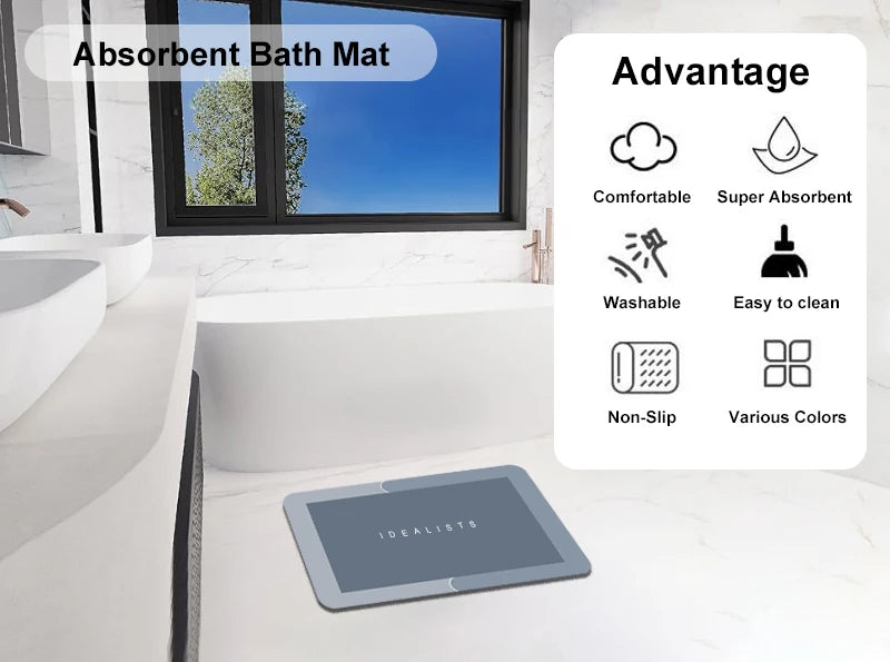 Super Absorbent Diatomite Bath Mat - Quick Dry Non-Slip Floor Rug