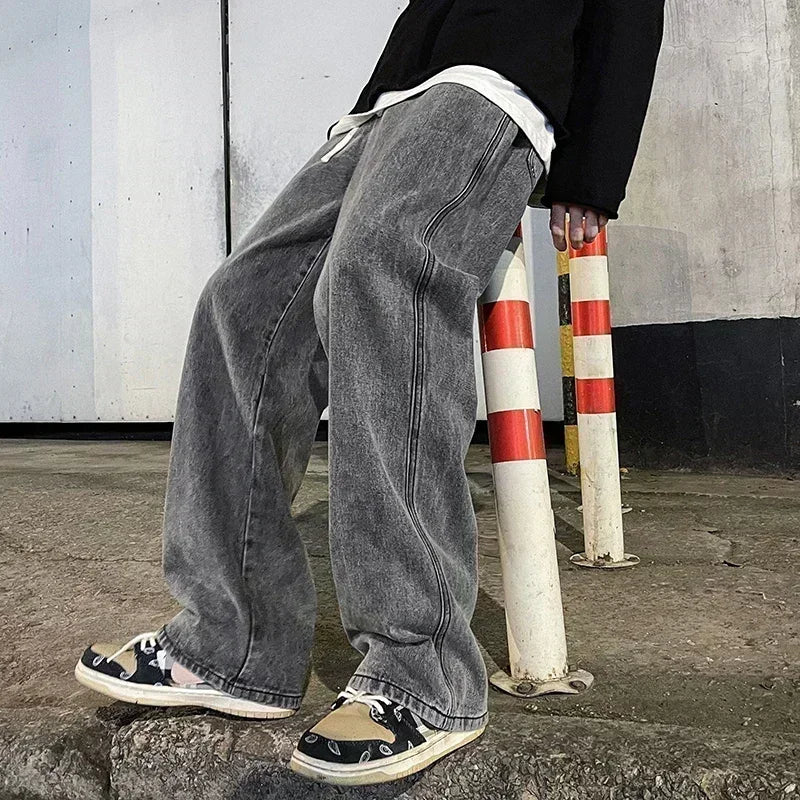 Zyvomart Men's Streetwear Loose Straight Wide Leg Jeans Korean Style Fashion