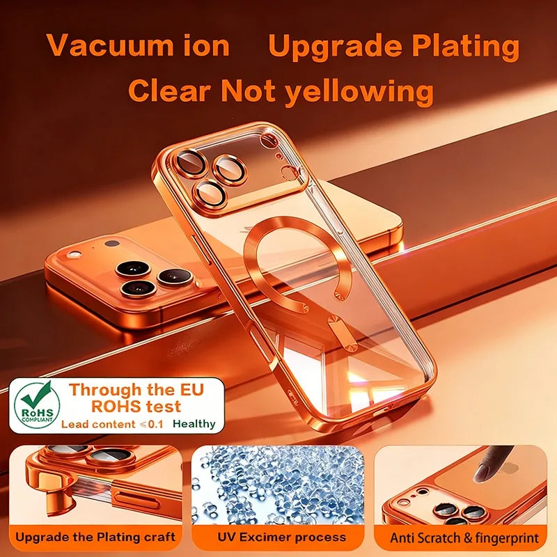 Zyvomart Luxury Orange Plating Magnetic Clear Case with Wireless Charging for iPhone