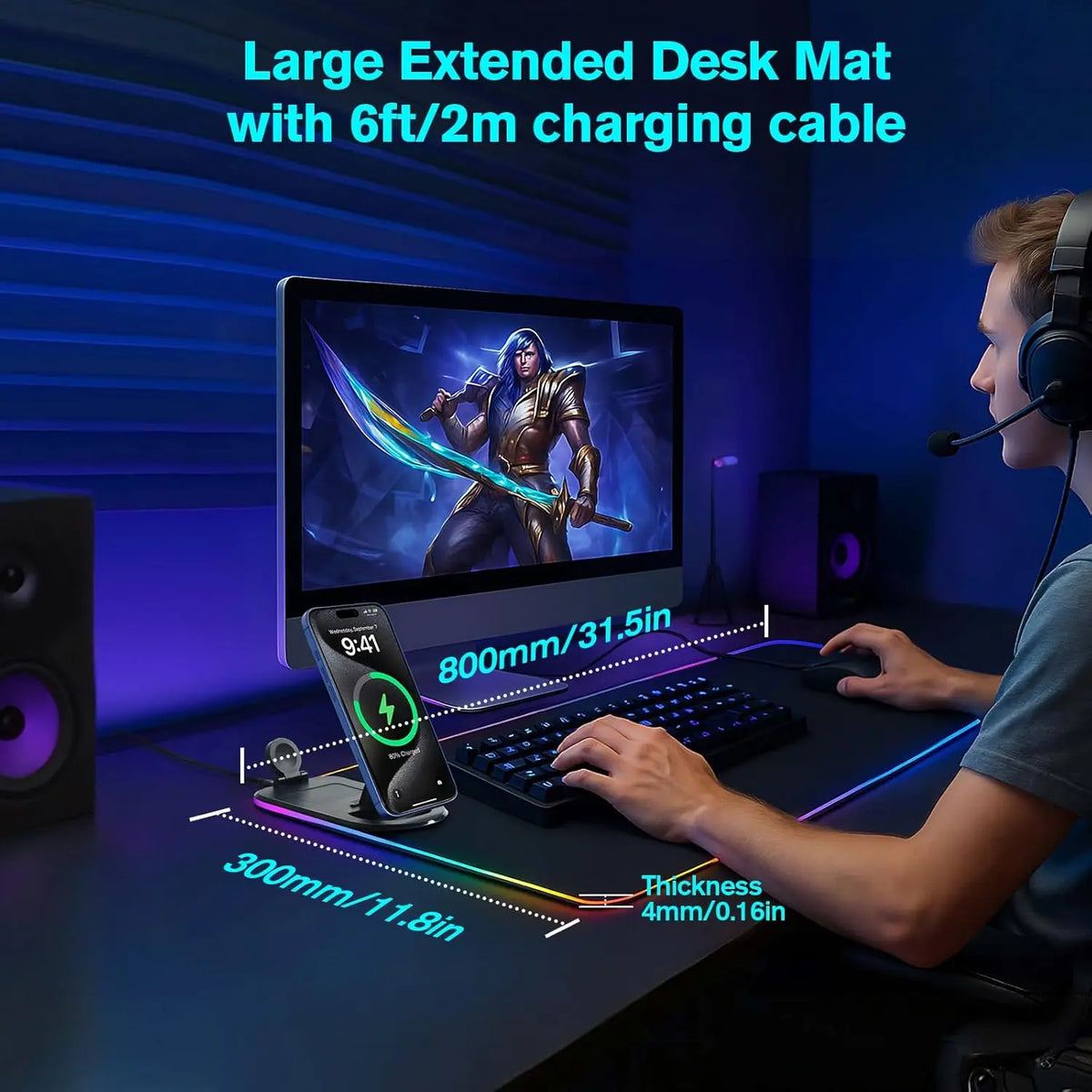 Zyvomart 3 in 1 RGB Gaming Mouse Pad with 15W Fast Wireless Charger Desk Mat