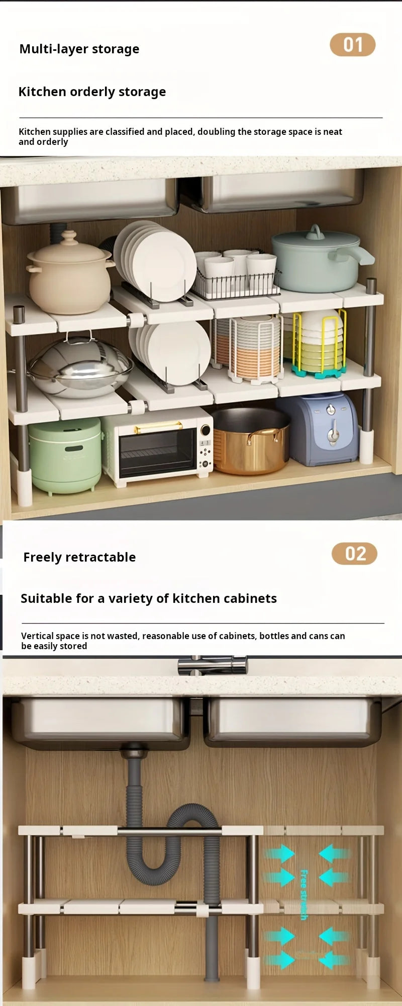 Expandable Under Sink Storage Rack and Kitchen Cabinet Organizer