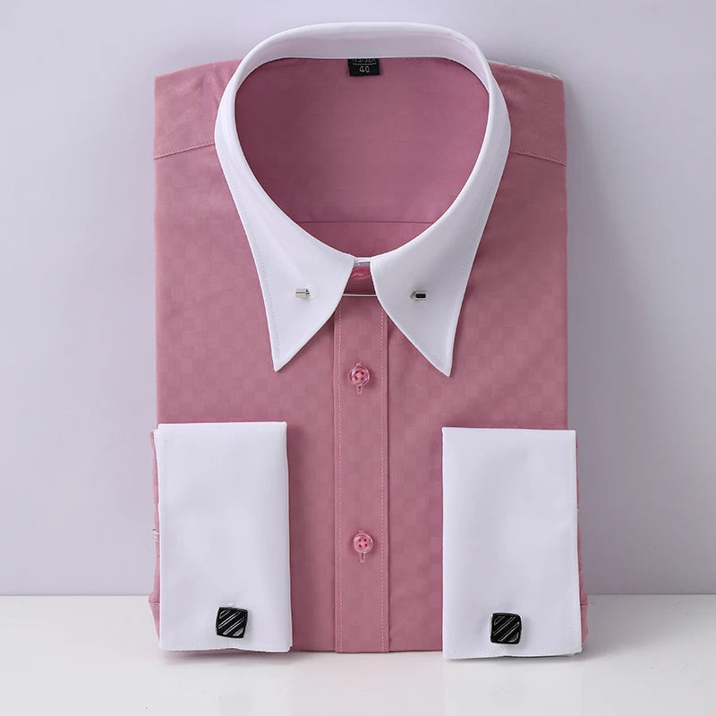 Zyvomart Men's Embroidered French Cufflinks Dress Shirt with Collar Pins