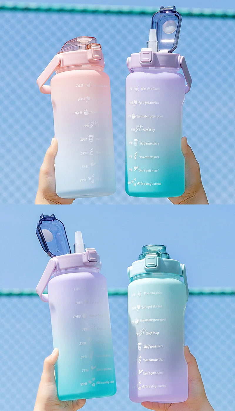 2L Large Capacity Sports Water Bottle with Straw and Time Marker