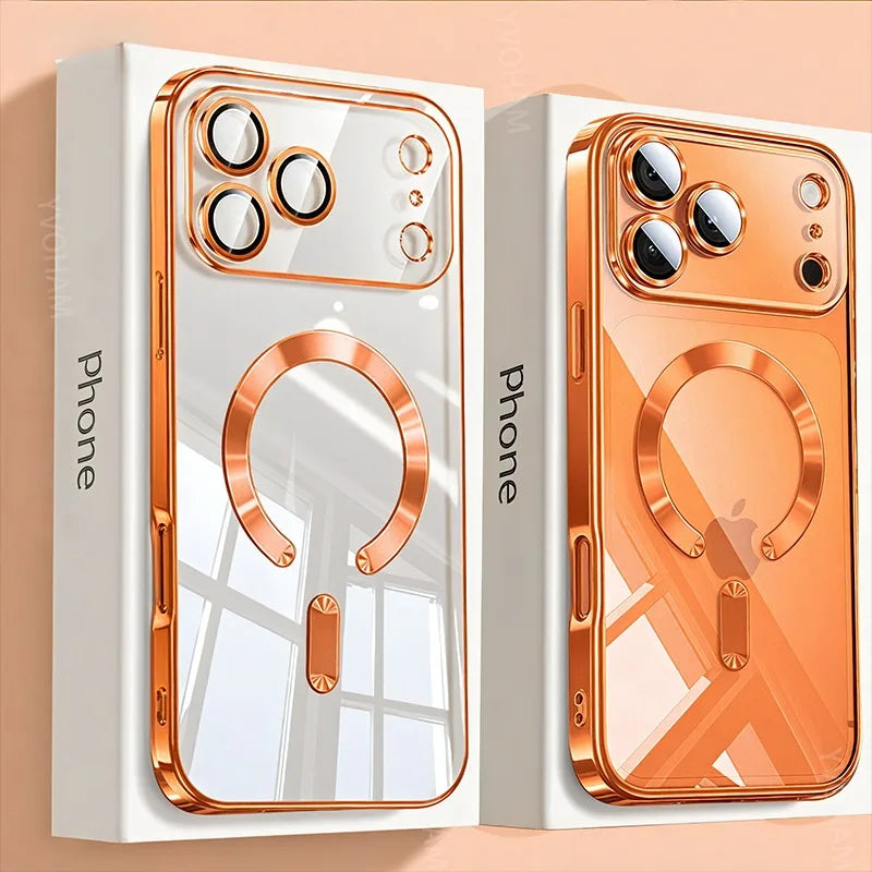 Zyvomart Luxury Orange Plating Magnetic Clear Case with Wireless Charging for iPhone