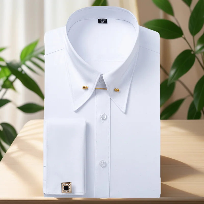 Zyvomart Men's Embroidered French Cufflinks Dress Shirt with Collar Pins