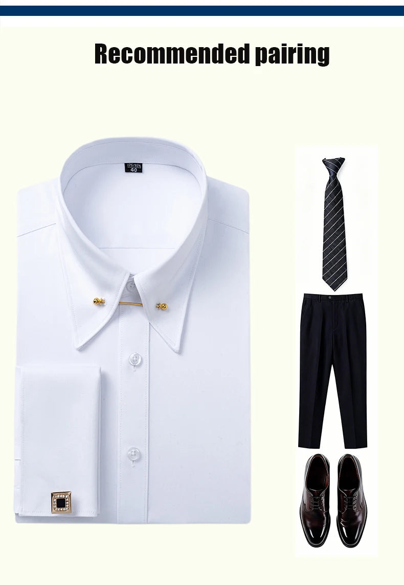 Zyvomart Men's Embroidered French Cufflinks Dress Shirt with Collar Pins