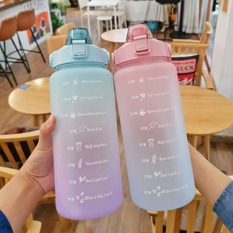2L Large Capacity Sports Water Bottle with Straw and Time Marker