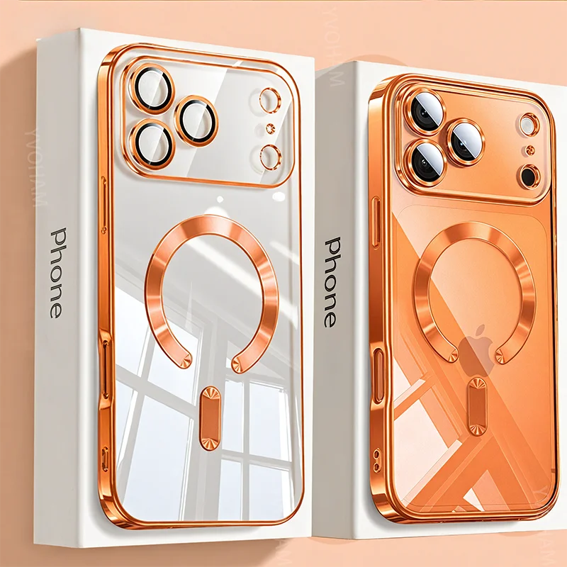 Zyvomart Luxury Orange Plating Magnetic Clear Case with Wireless Charging for iPhone