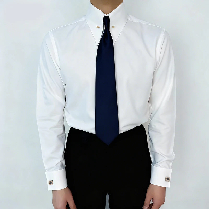 Zyvomart Men's Embroidered French Cufflinks Dress Shirt with Collar Pins