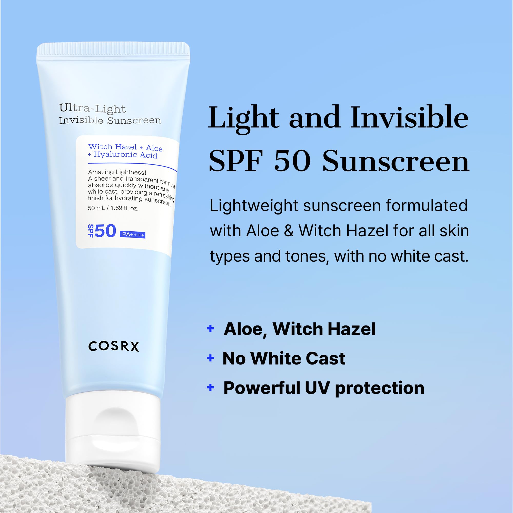 COSRX Ultra-Light Invisible Sunscreen SPF 50 Face Moisturiser, PA++++ Korean Sunscreen, Non Oily Sun Cream, UVA/UVB Protection, Daily Hydrating Sun Lotion, No White Cast 50ml