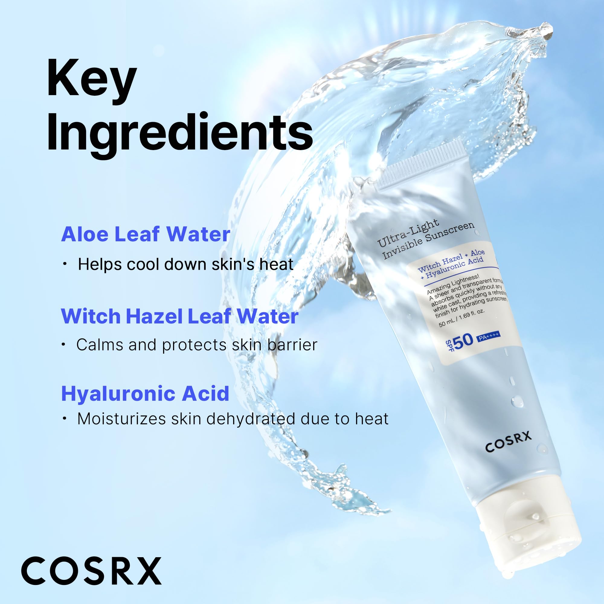 COSRX Ultra-Light Invisible Sunscreen SPF 50 Face Moisturiser, PA++++ Korean Sunscreen, Non Oily Sun Cream, UVA/UVB Protection, Daily Hydrating Sun Lotion, No White Cast 50ml