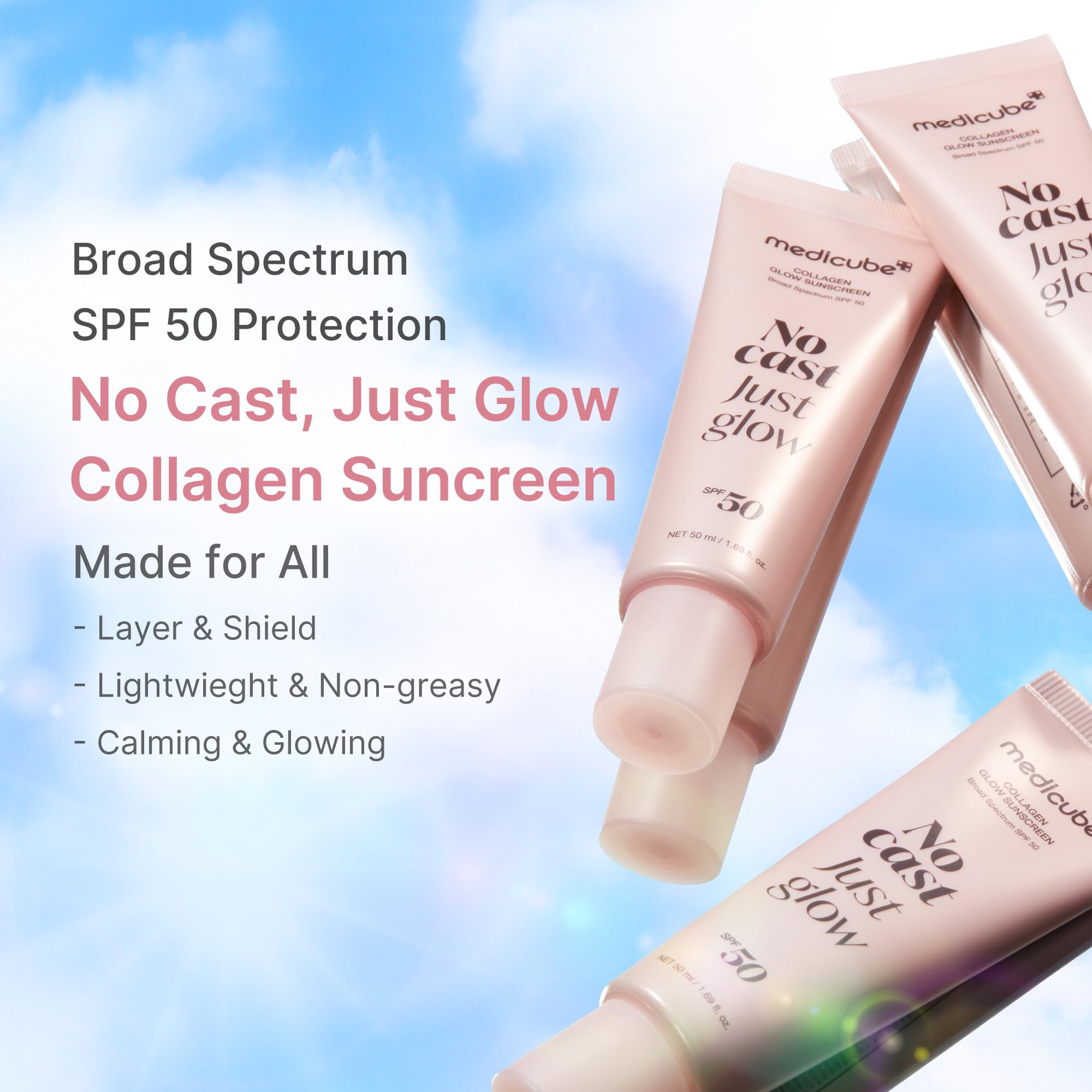 medicube Collagen No Cast Just Glow Sunscreen SPF50 - Hydrating Face Cream with Peptide & Cica