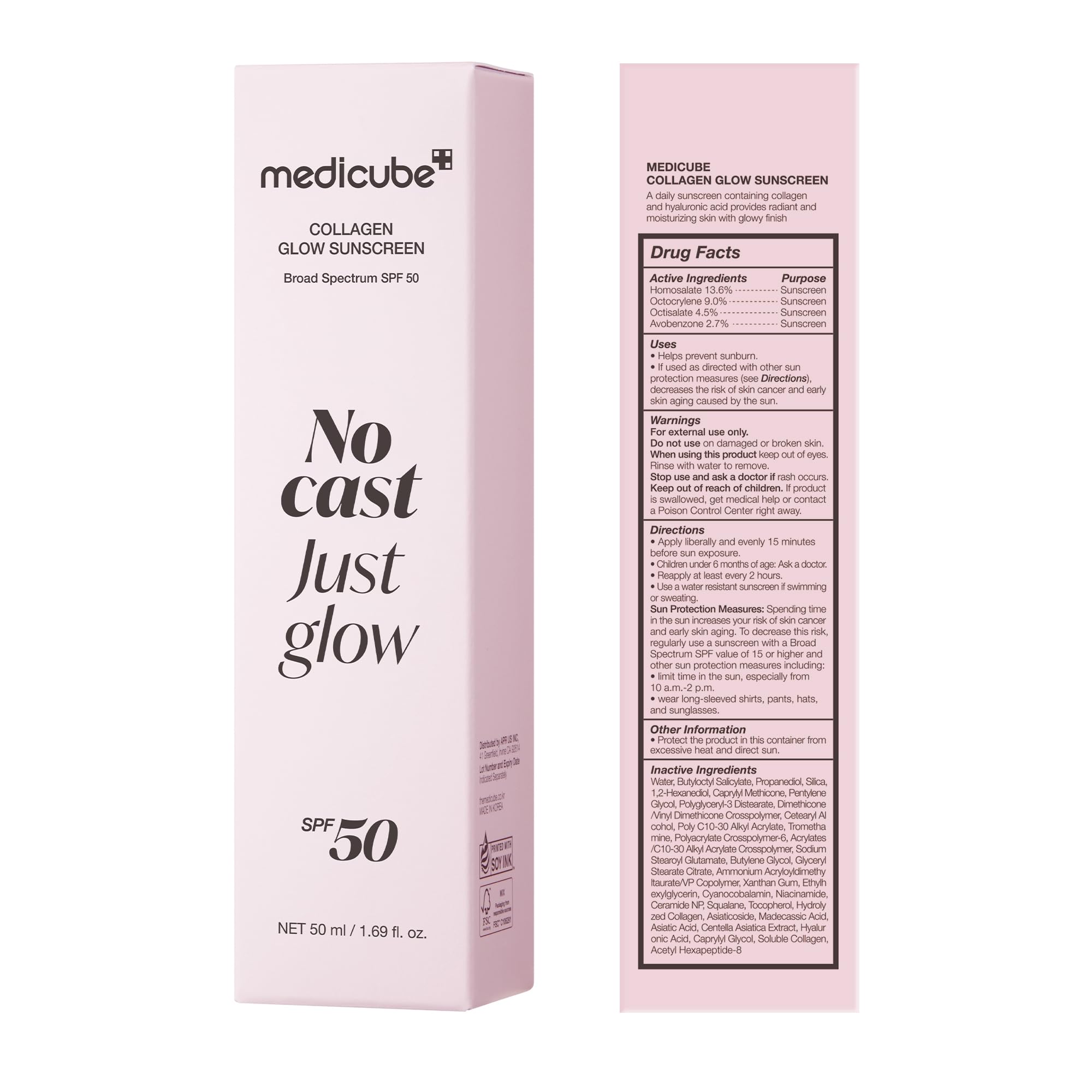 medicube Collagen No Cast Just Glow Sunscreen SPF50 - Hydrating Face Cream with Peptide & Cica