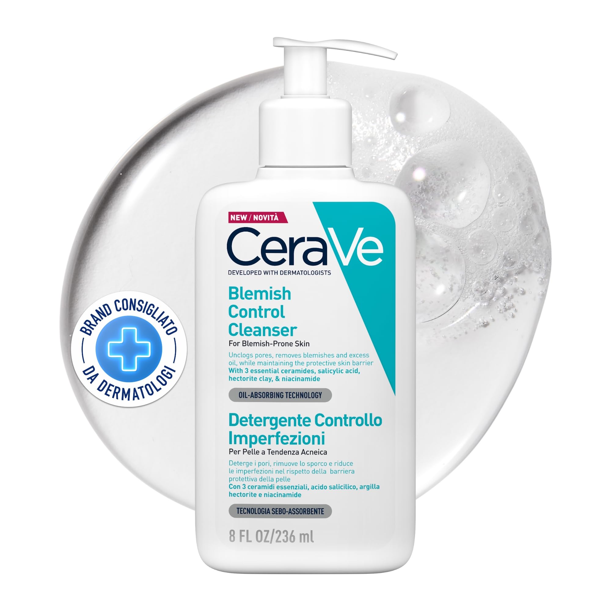 CeraVe Blemish Control Cleanser (236ml) - Exfoliating Gel-to-Foam Face Wash for Oily Skin