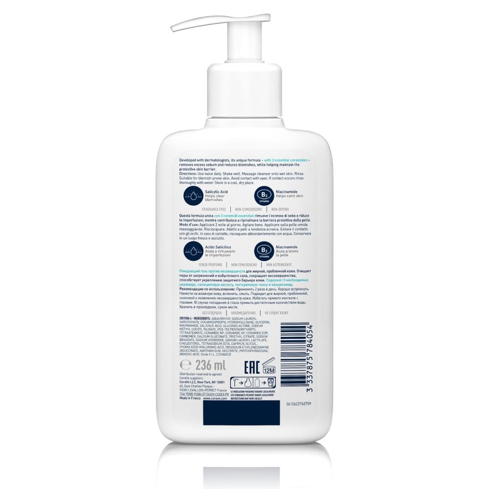 CeraVe Blemish Control Cleanser (236ml) - Exfoliating Gel-to-Foam Face Wash for Oily Skin
