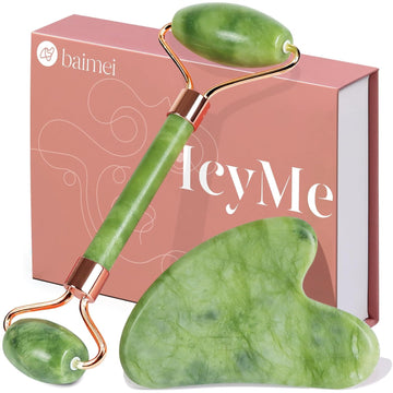 BAIMEI Jade Roller & Gua Sha Facial Massager Tool Set (2-Pack) - Natural Face, Jawline & Neck Roller for Puffiness