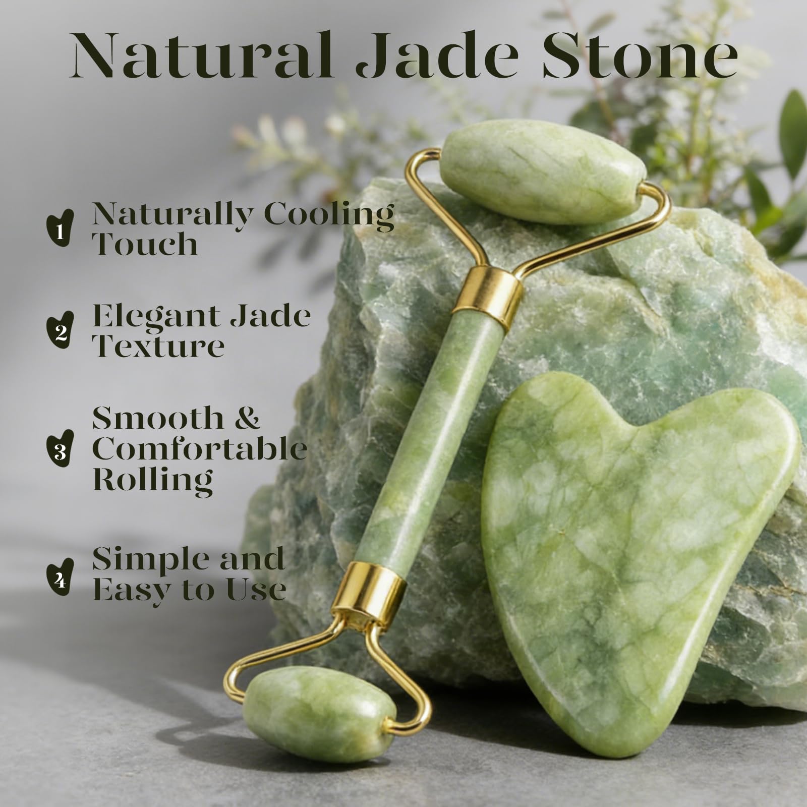 BAIMEI Jade Roller & Gua Sha Facial Massager Tool Set (2-Pack) - Natural Face, Jawline & Neck Roller for Puffiness