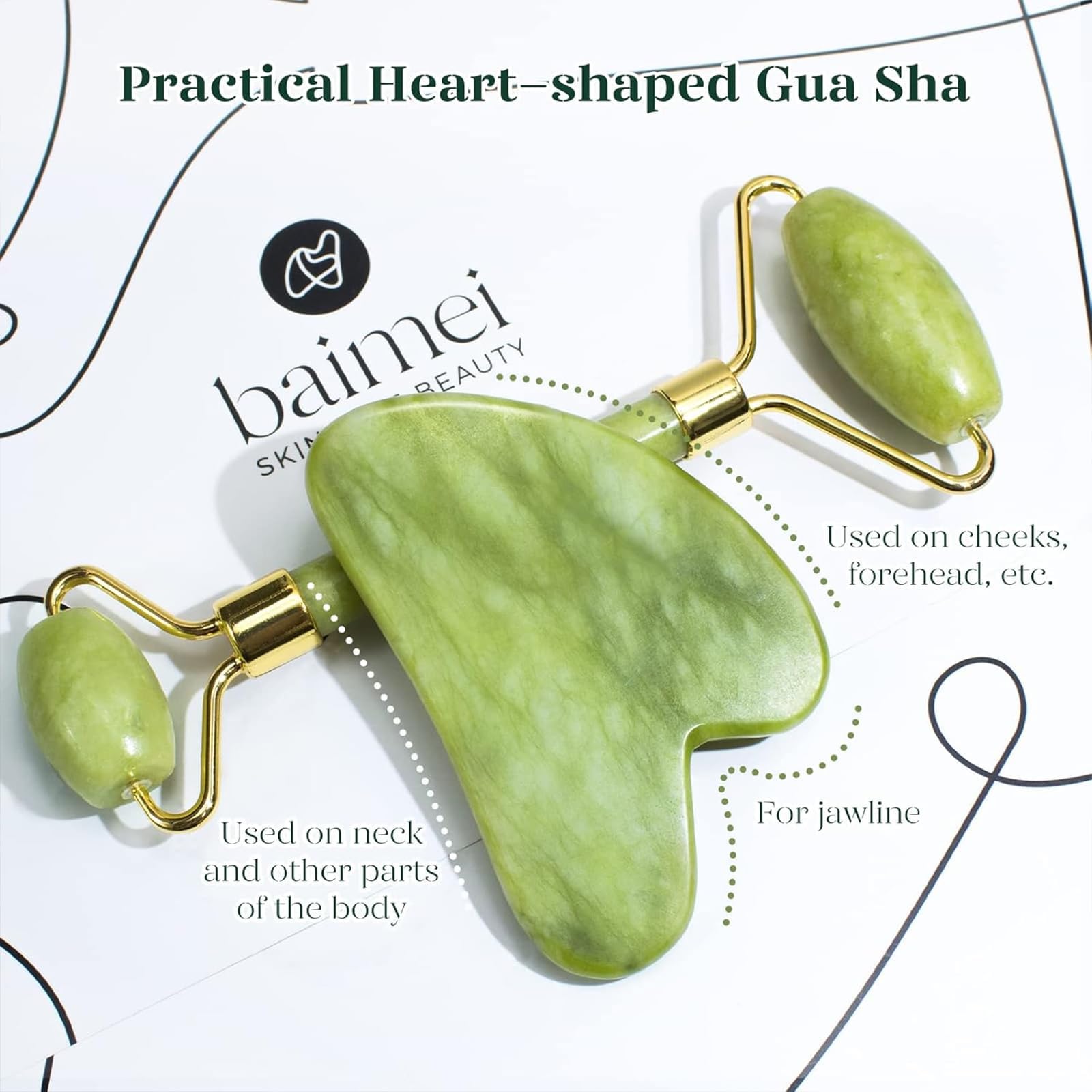 BAIMEI Jade Roller & Gua Sha Facial Massager Tool Set (2-Pack) - Natural Face, Jawline & Neck Roller for Puffiness