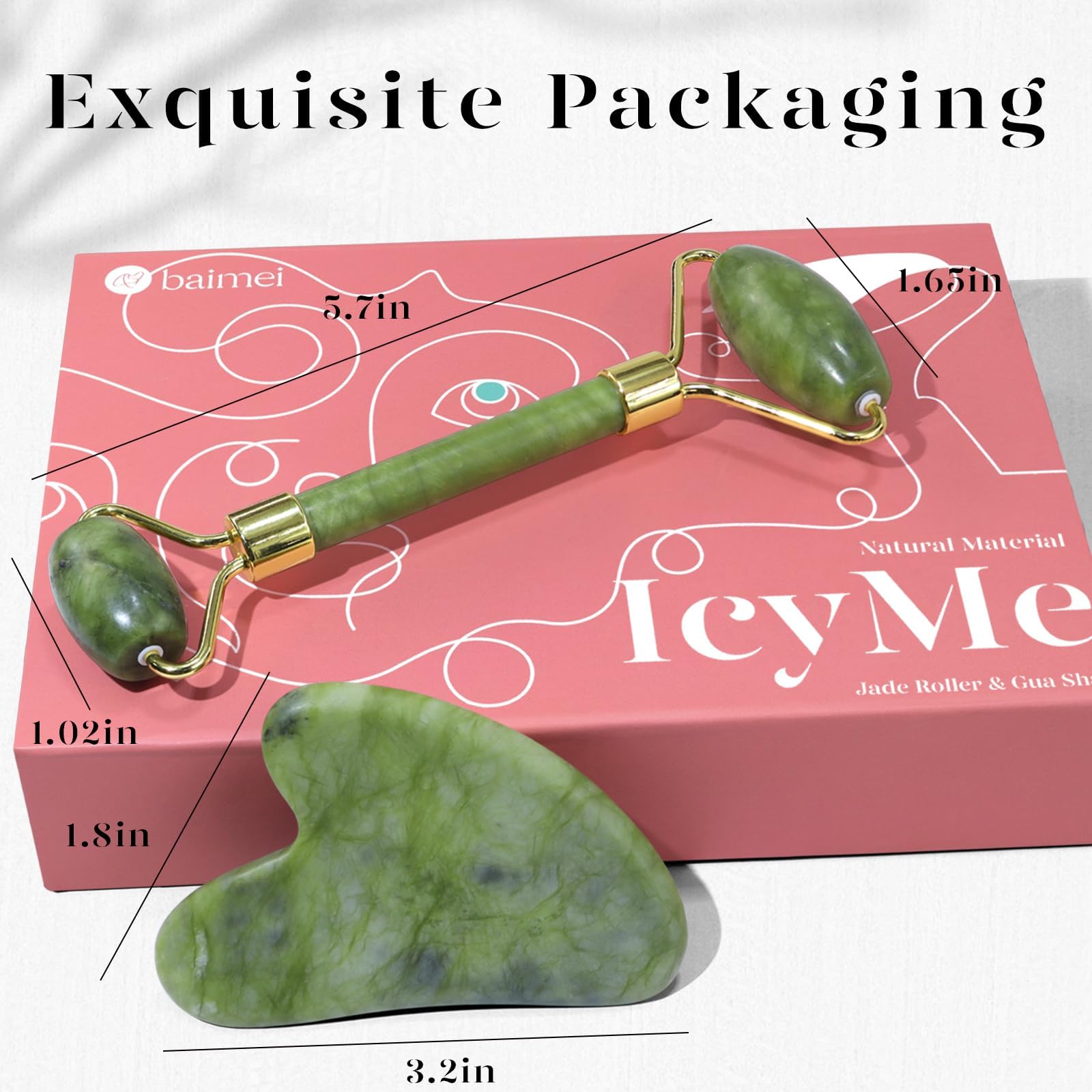 BAIMEI Jade Roller & Gua Sha Facial Massager Tool Set (2-Pack) - Natural Face, Jawline & Neck Roller for Puffiness