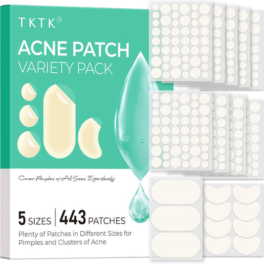 TKTK 443 Count Hydrocolloid Pimple Patches Bulk - 5 Sizes Custom Acne Stickers for Face, Cheeks & Forehead