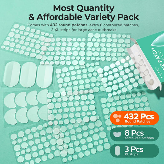 TKTK 443 Count Hydrocolloid Pimple Patches Bulk - 5 Sizes Custom Acne Stickers for Face, Cheeks & Forehead