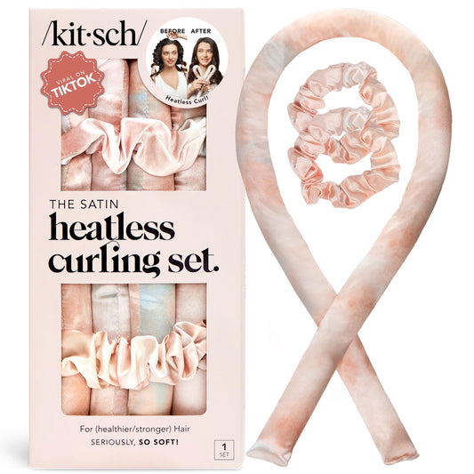 Kitsch Satin Heatless Hair Curler Set (Sunset Tie Dye) - Overnight Waver with 2 Scrunchies