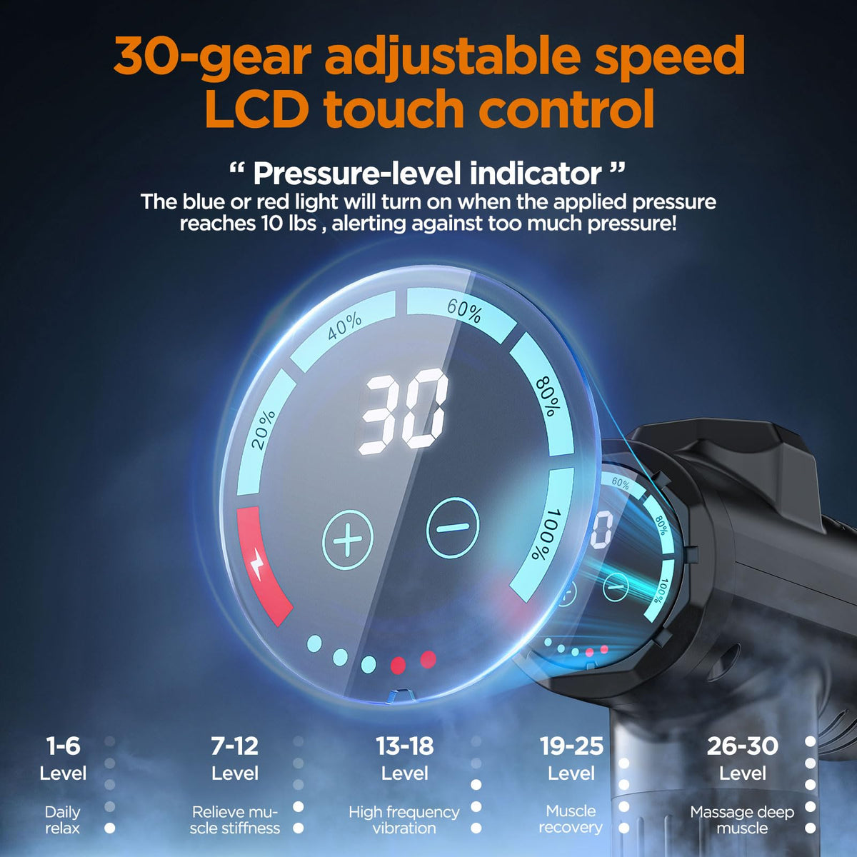 Muscle Massage Gun Deep Tissue Massager 10 Heads - 30 Speeds LCD Screen